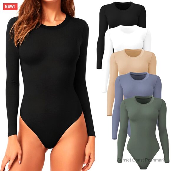 Long Sleeve Bodysuit Crew Neck Stretchy Basic Tops